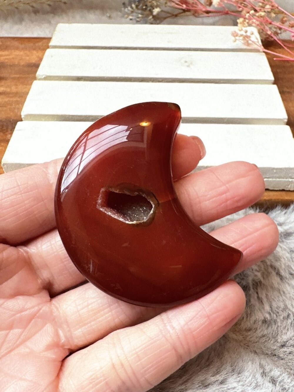 Beautiful Small Carnelian Moon with Druzy Pocket